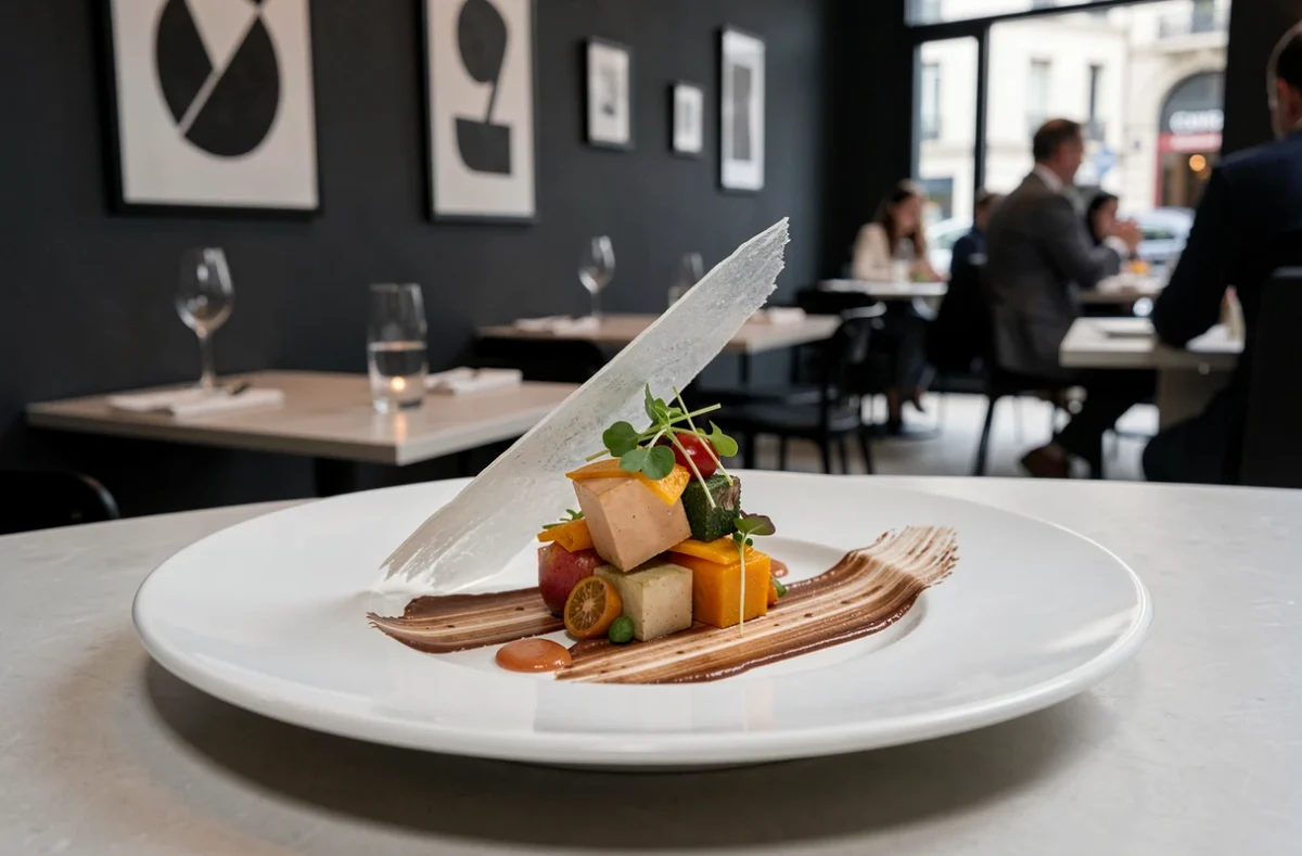 Assiette gastronomique contemporaine au restaurant Le Neuvième Art à Lyon avec dressage géométrique précis et tuile comestible translucide