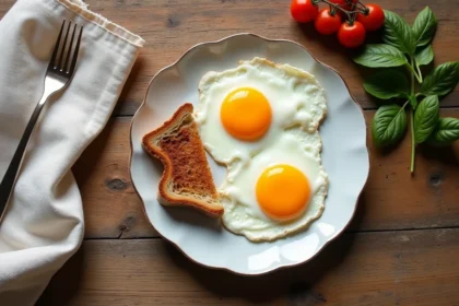 Assiette d'œufs au plat avec toast complet et salade de tomates cerises pour un repas équilibré riche en protéines