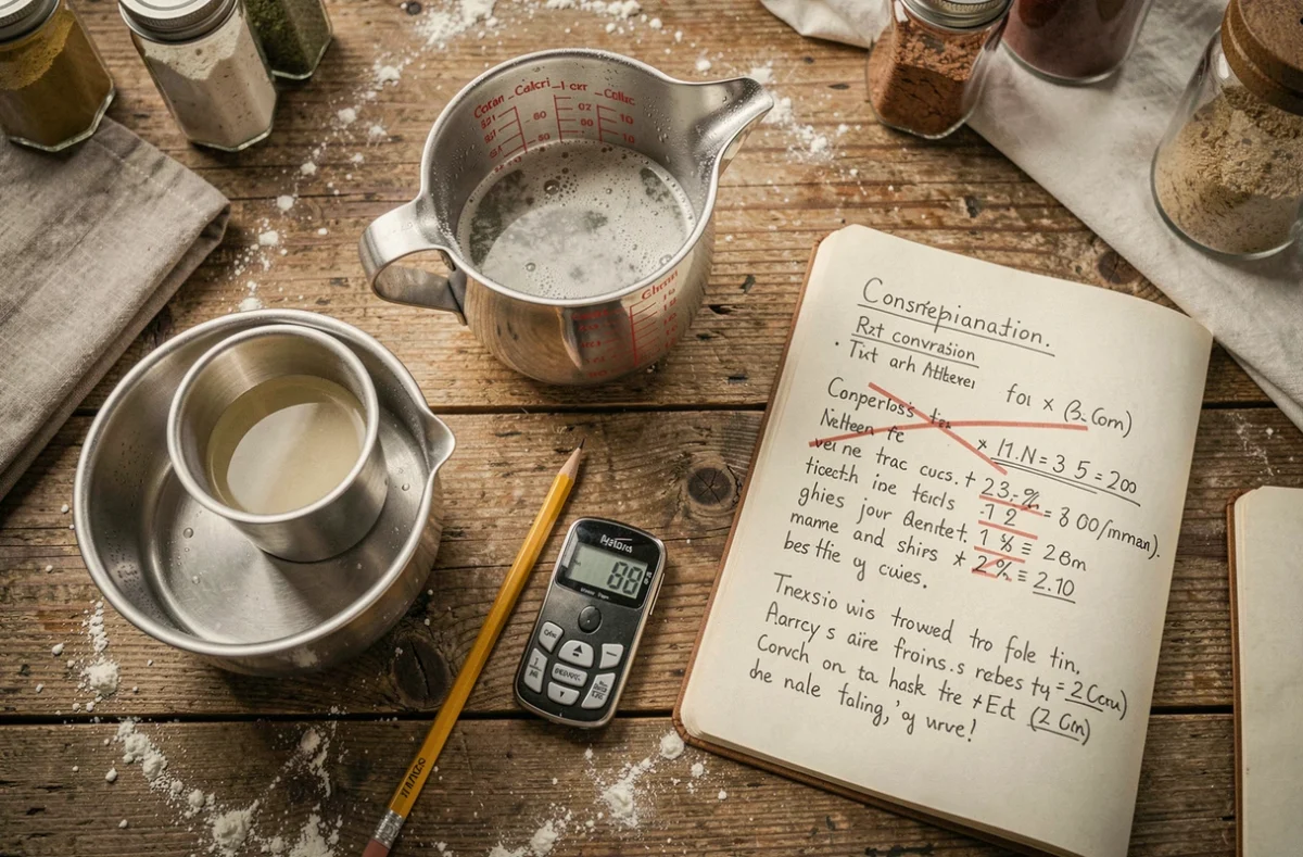 Vue du dessus d'outils de mesure culinaires avec une balance et une fiche de conversion grammes en centilitres manuscrite