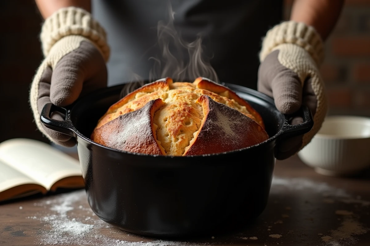 Ouverture d'une cocotte en fonte révélant un pain de campagne parfaitement cuit avec une croûte caramélisée et de la vapeur s'échappant