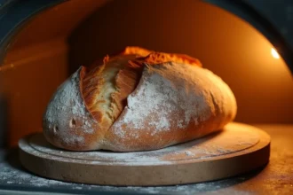 Pain de campagne cuit sur une pierre de cuisson dans un four maison, avec une croûte dorée et des grignes naturelles bien ouvertes