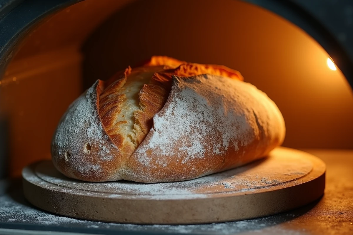 Pain de campagne cuit sur une pierre de cuisson dans un four maison, avec une croûte dorée et des grignes naturelles bien ouvertes
