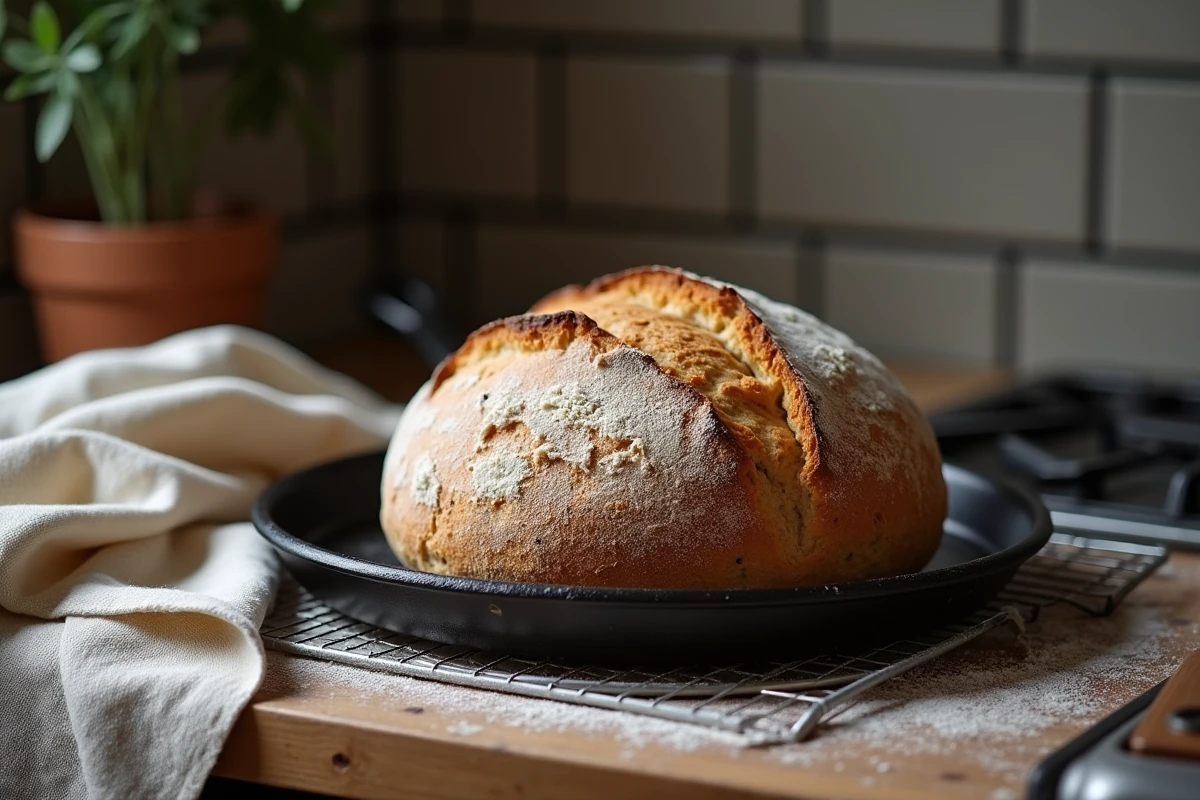 Pain de campagne refroidissant sur une plaque de cuisson en fonte posée sur un plan de travail en bois rustique dans une cuisine artisanale