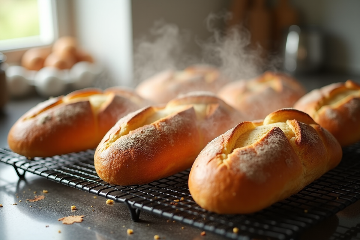 Pain frais sorti du four sur une grille dans la cuisine