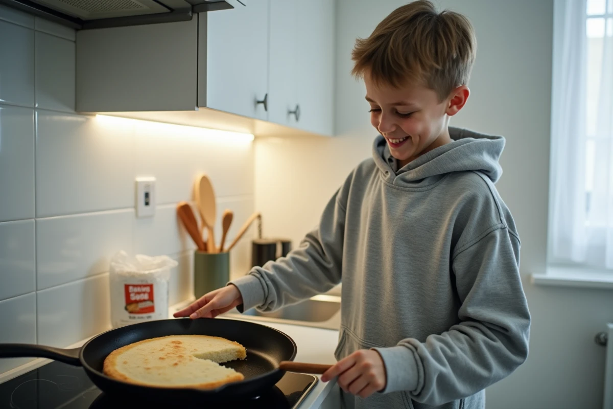 Adolescent retournant un pain à la poêle sans levure boulangère dans une cuisine d'appartement moderne