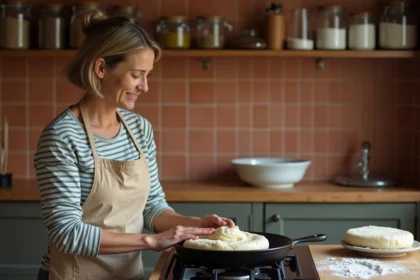 Femme préparant des pains à la poêle sans levure sur une cuisinière à gaz dans une cuisine rustique en terracotta