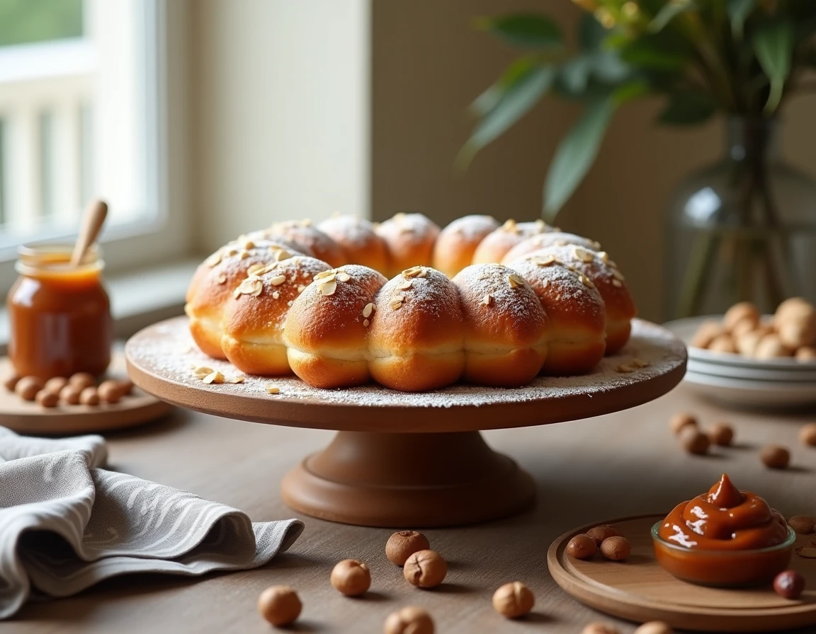 Paris-Brest entier posé sur un présentoir en bois vintage entouré de noisettes et de pralin maison sur une table en chêne