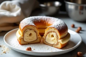Paris-Brest maison coupé en deux révélant une crème mousseline praliné généreuse en rosettes sur une assiette en céramique blanche