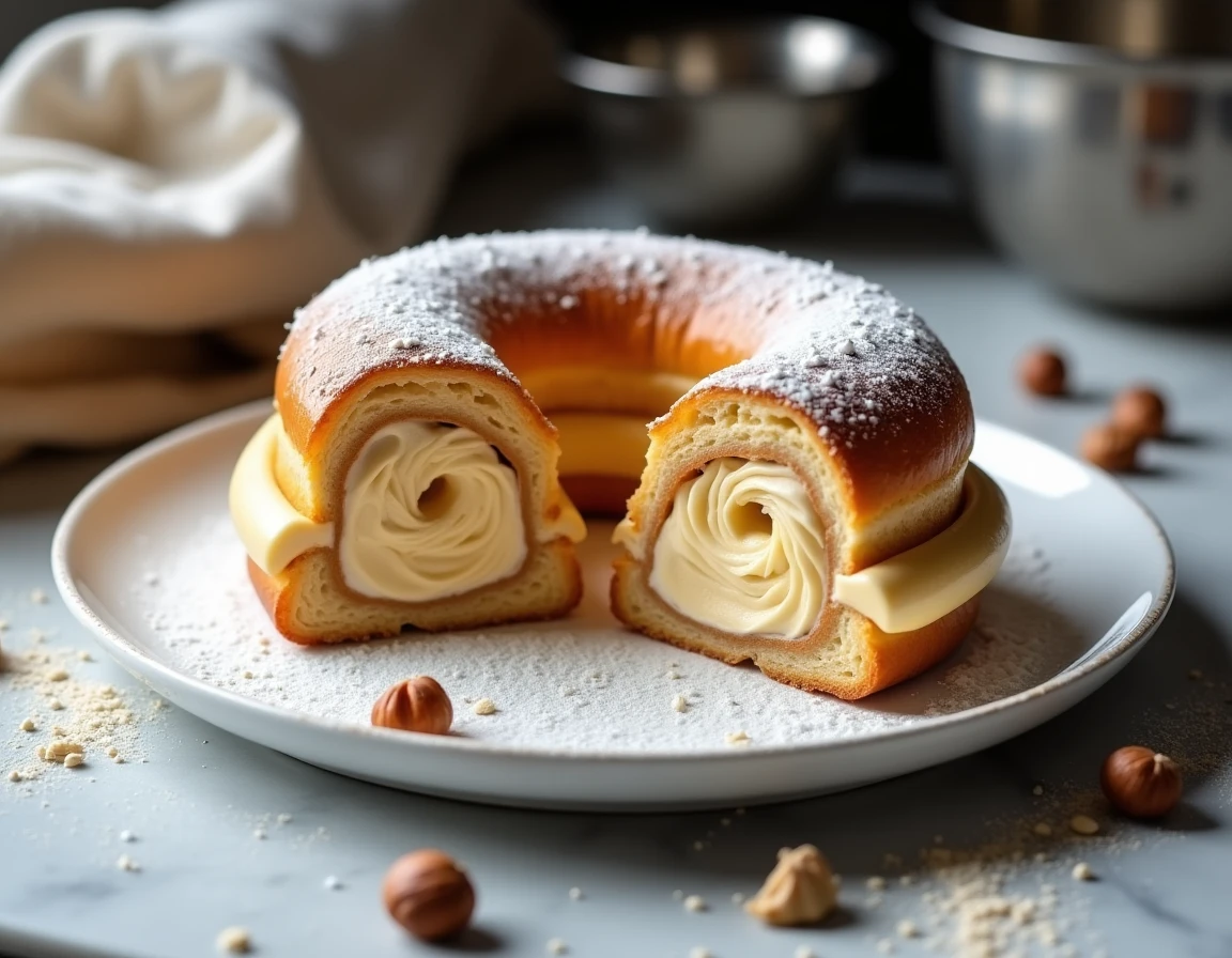Paris-Brest maison coupé en deux révélant une crème mousseline praliné généreuse en rosettes sur une assiette en céramique blanche