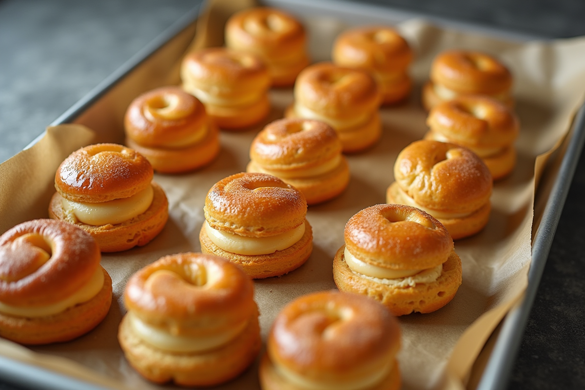 Petits paris-brest alignés sur plaque en papier cuisson