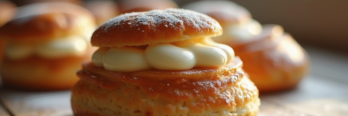 Gâteau paris-brest praliné sur table en bois naturel