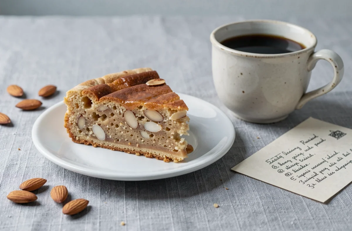 Tranche d'amandin moelleux servie avec un café sur une nappe en lin gris, style photo culinaire
