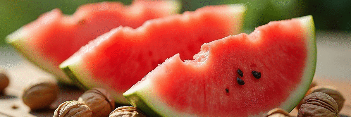 Tranches de pastèque et noix sur une table en bois naturel