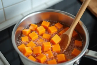Patates douces en morceaux en train de cuire dans une casserole d'eau bouillante sur une cuisinière à gaz moderne