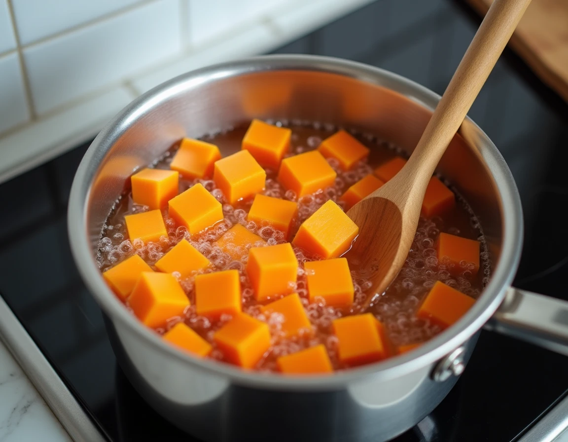 Patates douces en morceaux en train de cuire dans une casserole d'eau bouillante sur une cuisinière à gaz moderne