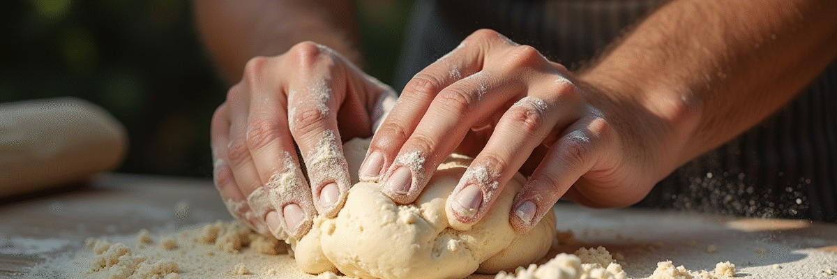 Mains de boulanger rustique pétrissant la pâte au matin