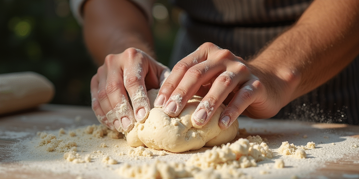 Mains de boulanger rustique pétrissant la pâte au matin