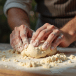 Mains de boulanger rustique pétrissant la pâte au matin
