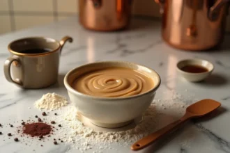 Bol de pâte pâtissière saveur café posé sur un plan de travail en marbre dans une cuisine pâtissière professionnelle
