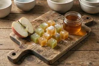 Pâtes de fruit à la pomme sans sucre raffiné disposées en cubes sur une planche en bois rustique avec une pomme fraîche coupée en deux