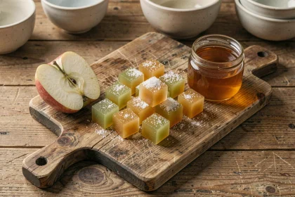 Pâtes de fruit à la pomme sans sucre raffiné disposées en cubes sur une planche en bois rustique avec une pomme fraîche coupée en deux