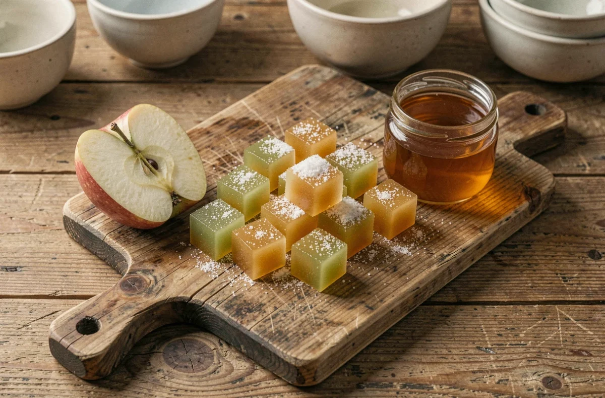 Pâtes de fruit à la pomme sans sucre raffiné disposées en cubes sur une planche en bois rustique avec une pomme fraîche coupée en deux