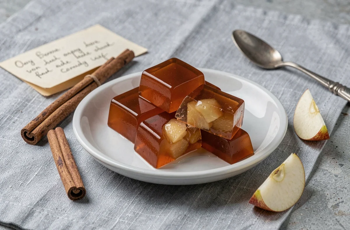 Pâtes de fruit à la pomme sur assiette en céramique blanche avec cannelle et tranches de pomme fraîche sur nappe en lin gris