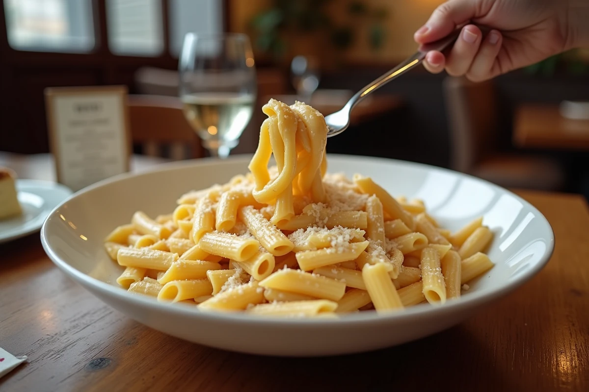 Assiette de pâtes crémeuses au parmesan en excès dans un restaurant, illustration des erreurs caloriques