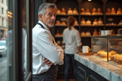 Pâtissier en uniforme dans une boutique élégante