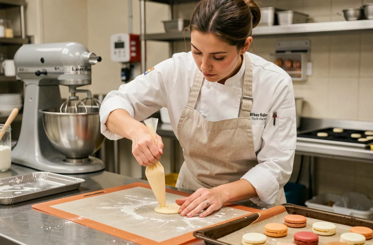 Pâtissière en tablier beige pochant des coques de macarons sur une plaque en silicone dans une cuisine professionnelle