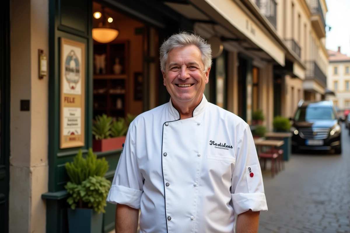 Chef cuisinier emblématique devant la façade d'un restaurant lyonnais, évoquant Paul Bocuse et sa marque mondiale