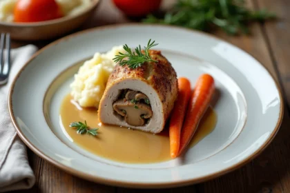 Paupiette de veau tranchée sur assiette blanche avec sauce au jus de veau, carottes rôties et purée onctueuse