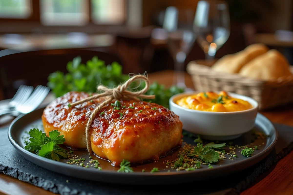 Assiette de restaurant avec paupiette de veau glacée, gratin dauphinois et gremolata servie sur ardoise