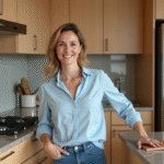 Femme peignant des portes de cuisine en bois avec un pinceau dans une cuisine moderne