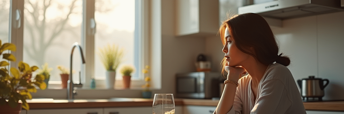 Personne pensant au petit déjeuner dans une cuisine lumineuse