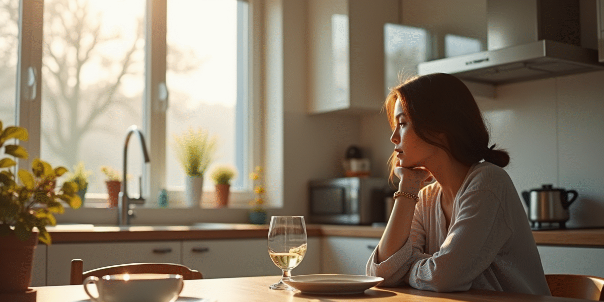 Personne pensant au petit déjeuner dans une cuisine lumineuse