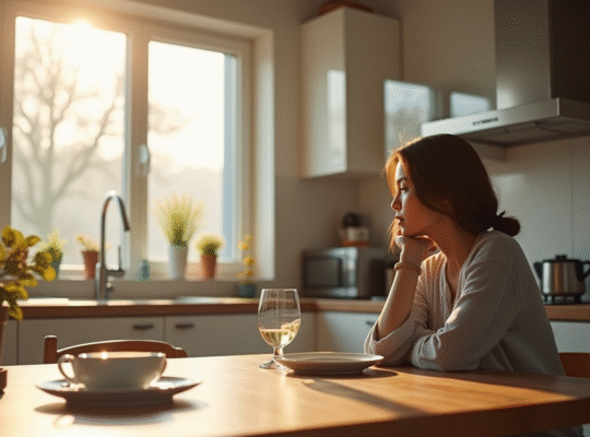 Personne pensant au petit déjeuner dans une cuisine lumineuse