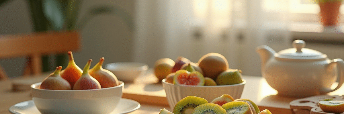 Petit déjeuner avec figues et kiwis frais sur la table