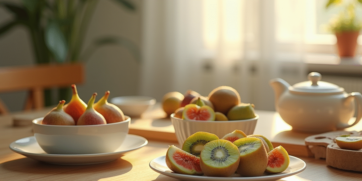 Petit déjeuner avec figues et kiwis frais sur la table