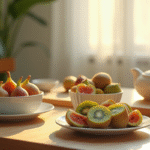 Petit déjeuner avec figues et kiwis frais sur la table