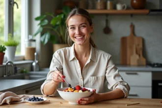 Jeune femme en cuisine préparant un bol de fruits frais