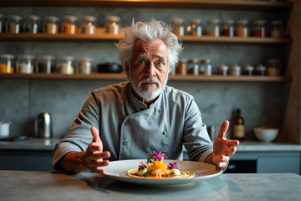 Chef cuisinier expressif présentant une assiette d'avant-garde, évoquant la cuisine expérimentale de Pierre Gagnaire