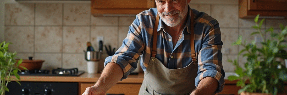 Homme en tablier étirant la pâte à pizza sur pierre naturelle