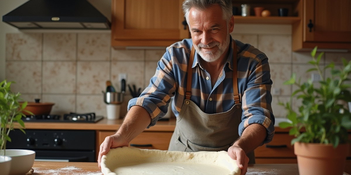 Homme en tablier étirant la pâte à pizza sur pierre naturelle