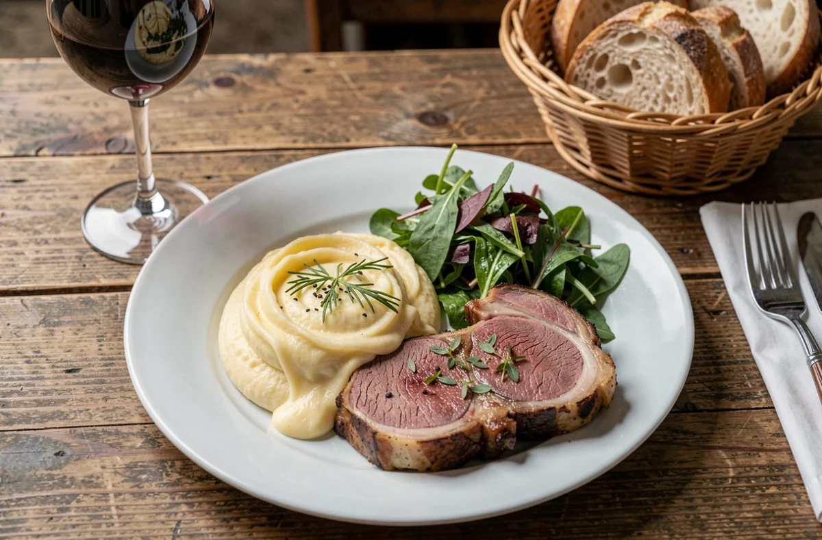 Assiette d'aligot et d'agneau rôti typique de la cuisine aveyronnaise servie dans un restaurant à Villefranche-de-Rouergue