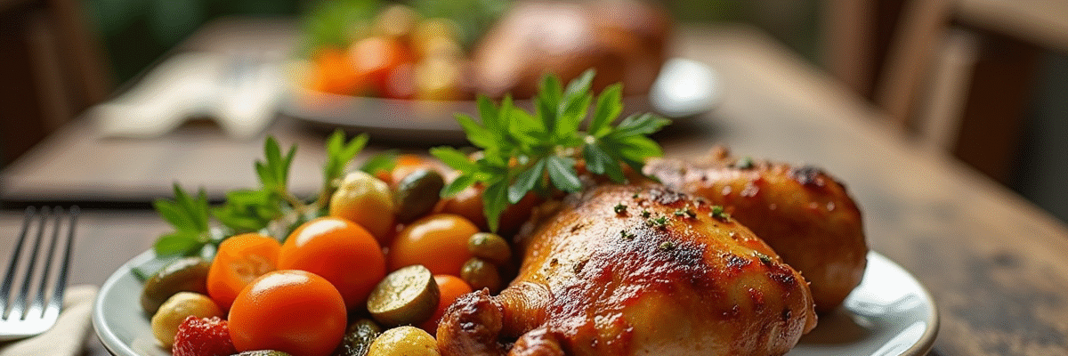 Assiette de légumes rôtis avec poulet doré en extérieur