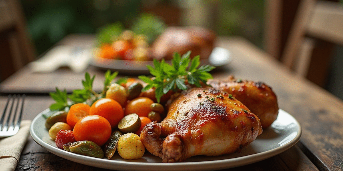 Assiette de légumes rôtis avec poulet doré en extérieur