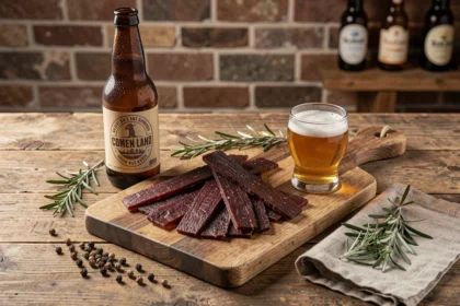 Plateau apéritif avec du beef jerky artisanal, une bière craft et des épices sur une table en bois rustique
