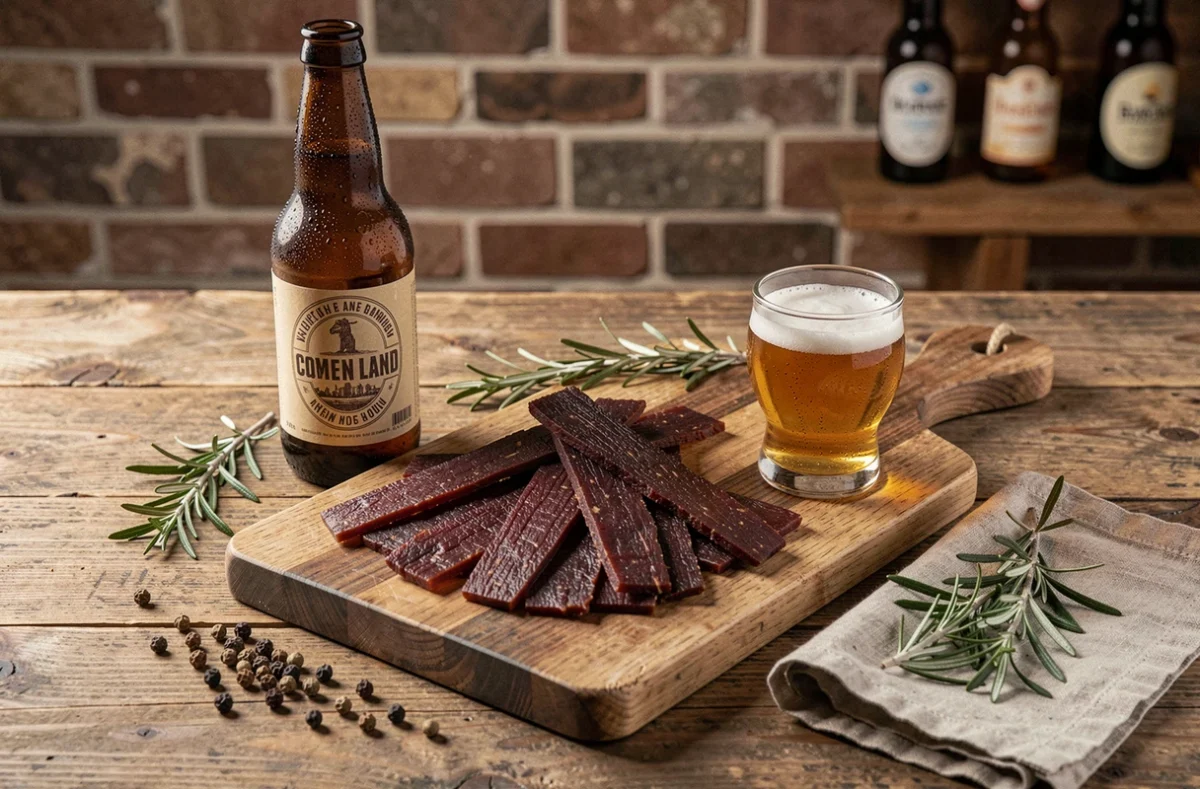 Plateau apéritif avec du beef jerky artisanal, une bière craft et des épices sur une table en bois rustique