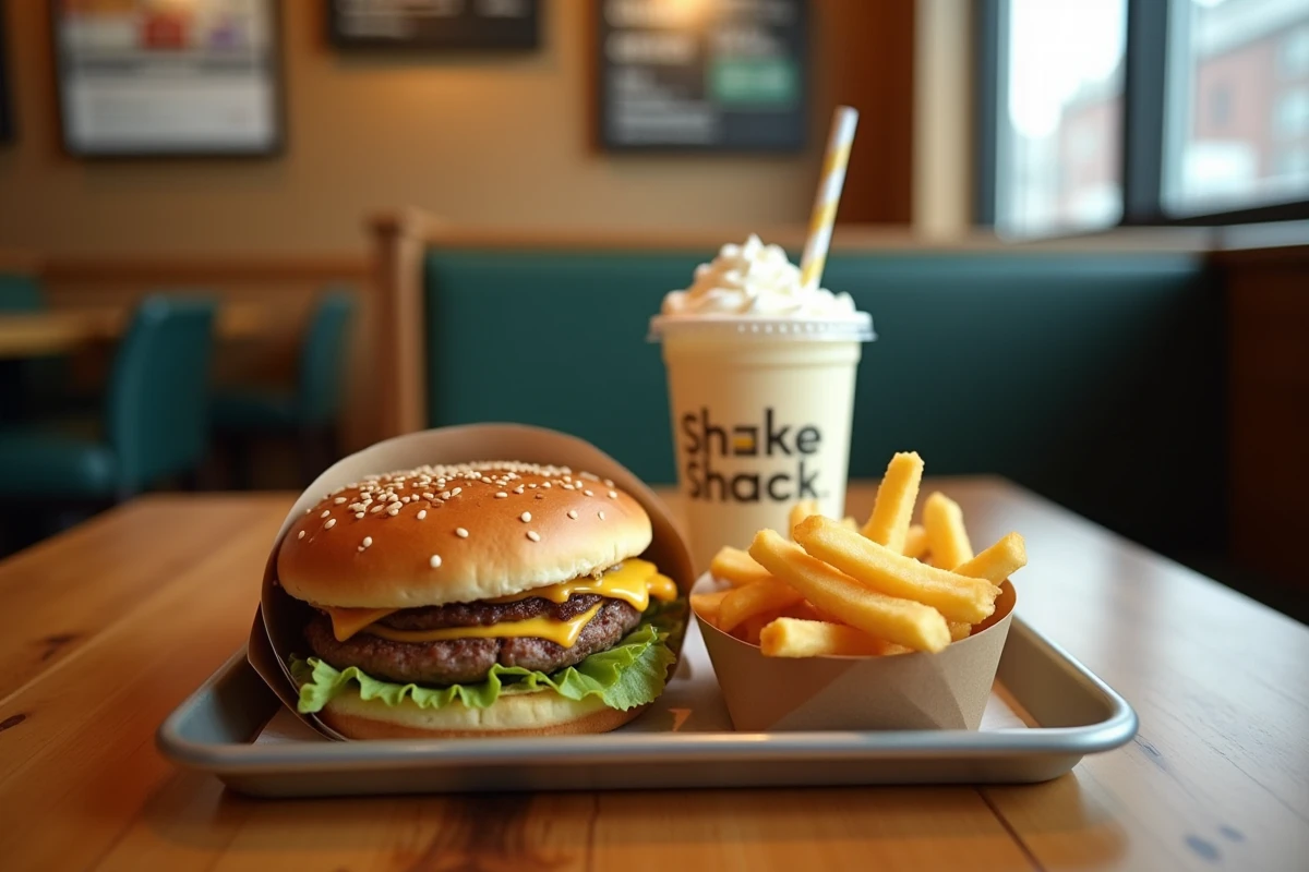 Plateau Shake Shack avec burger, frites et milkshake, menu enfant visible sur la table